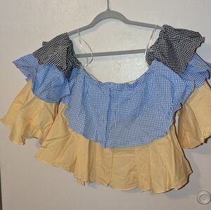 StyleKeepers Ruffle Gingham Print The Virgo Off Shoulder Top Multi Sz M NWT
